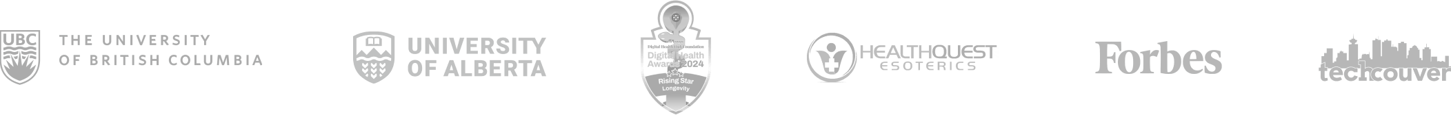 Trusted and recognized by partners including University of British Columbia, University of Alberta, Digital Health Rising Star, HealthQuest Esoterics Lab, Forbes, and Techcouver