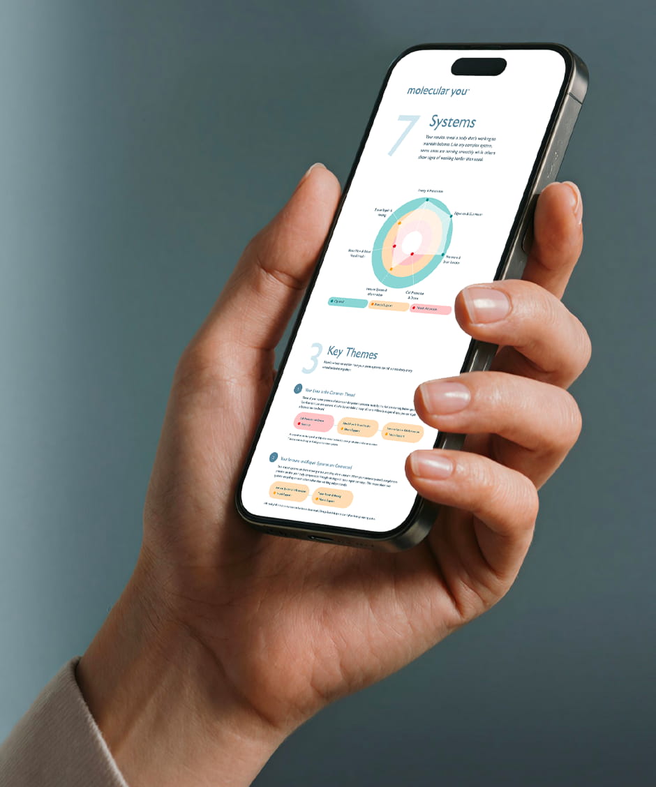 A hand holding a phone displaying the molecular you website.