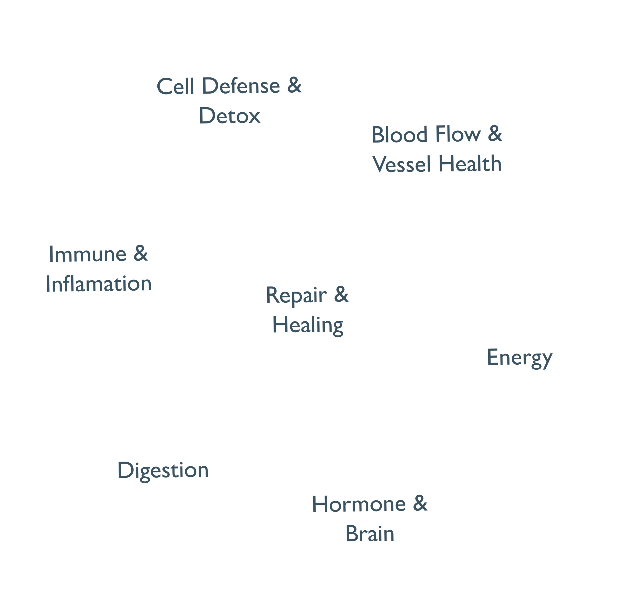 Cell Defense & Detox. Blood Flow & Vessel Health. Immune & Inflamation. Repair & Healing. Energy. Digestion. Hormone & Brain.